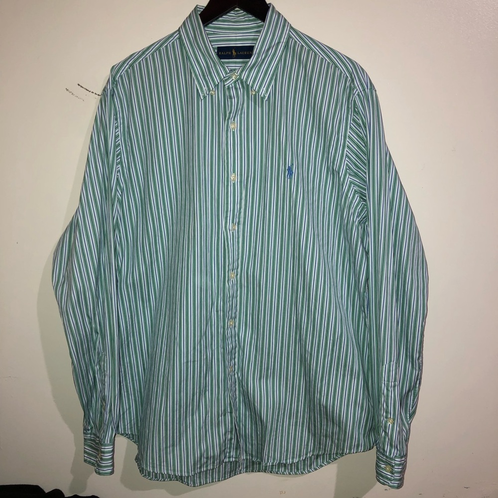 Ralph Lauren Men's Green and Blue Striped Shirt Size XL